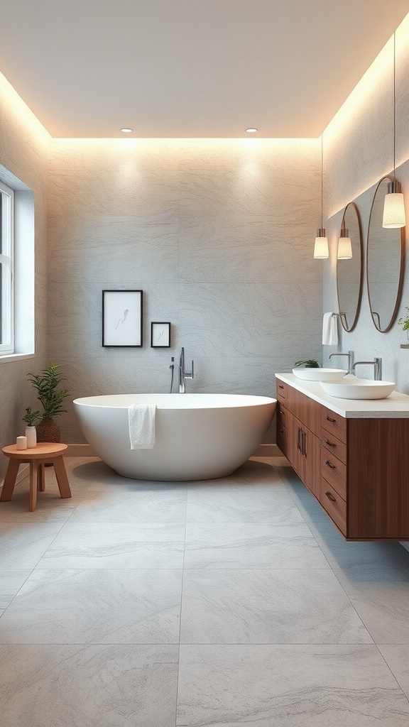 A modern bathroom featuring large concrete-like tiles, round bathtub, and stylish wooden vanity.