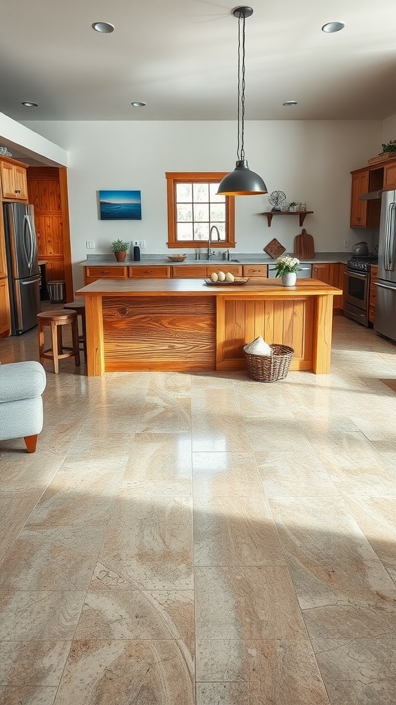 A cozy farmhouse kitchen featuring a natural wood island table and shiny epoxy flooring.