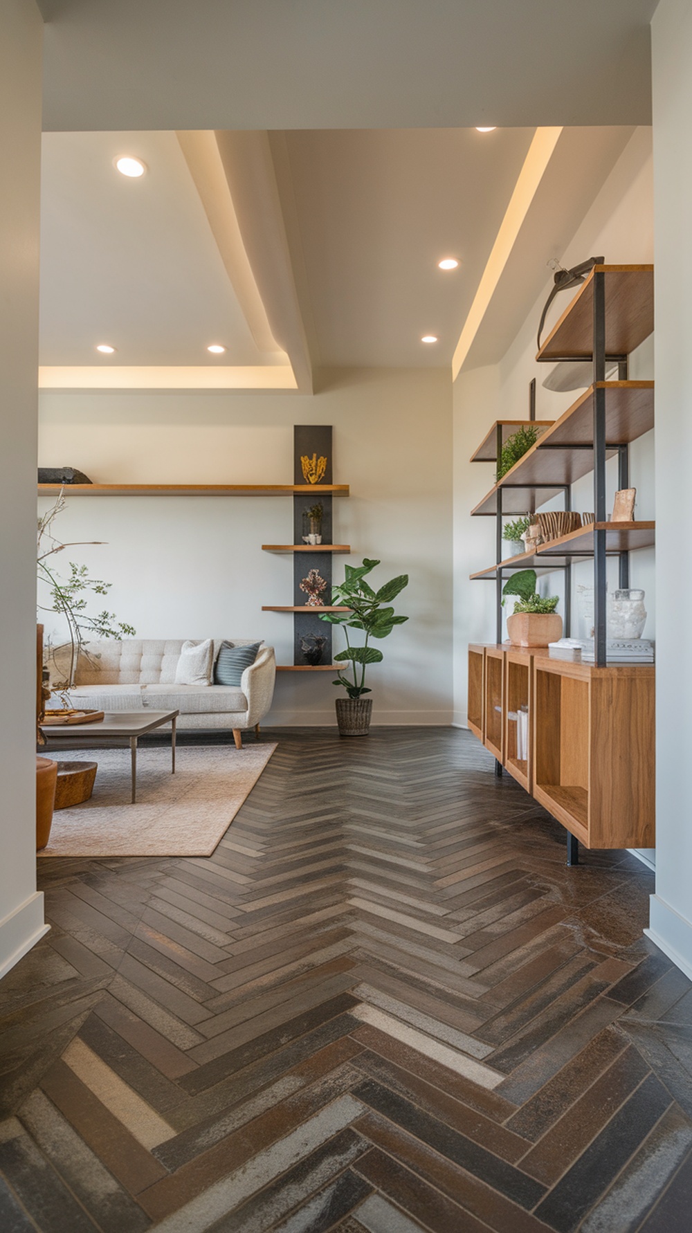 Interior space featuring herringbone patterned epoxy stamped concrete flooring with modern decor