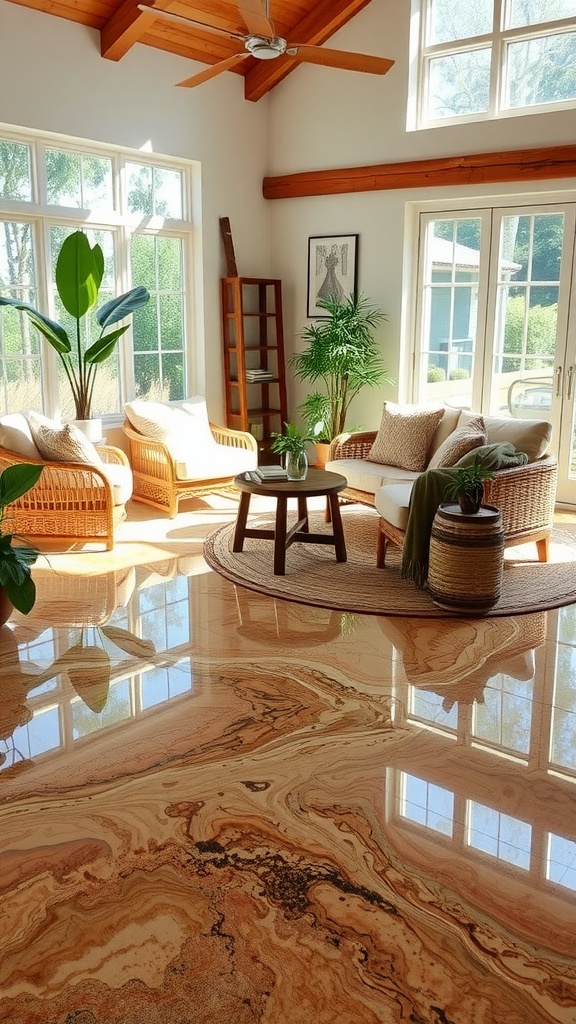 Interior space featuring a micro cement floor with leaf imprints and wood flooring.