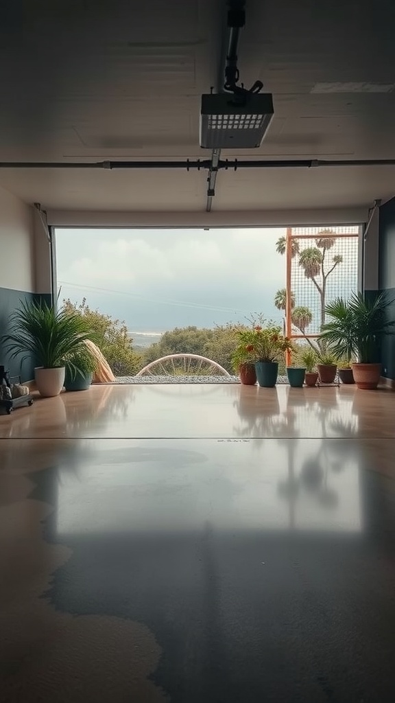 A beautiful garage with a glossy epoxy floor and potted plants, showing nature-inspired colors.