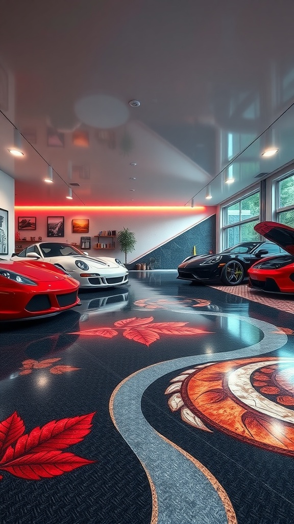 Nature-inspired epoxy floor design in a garage with red accents and leaf patterns.
