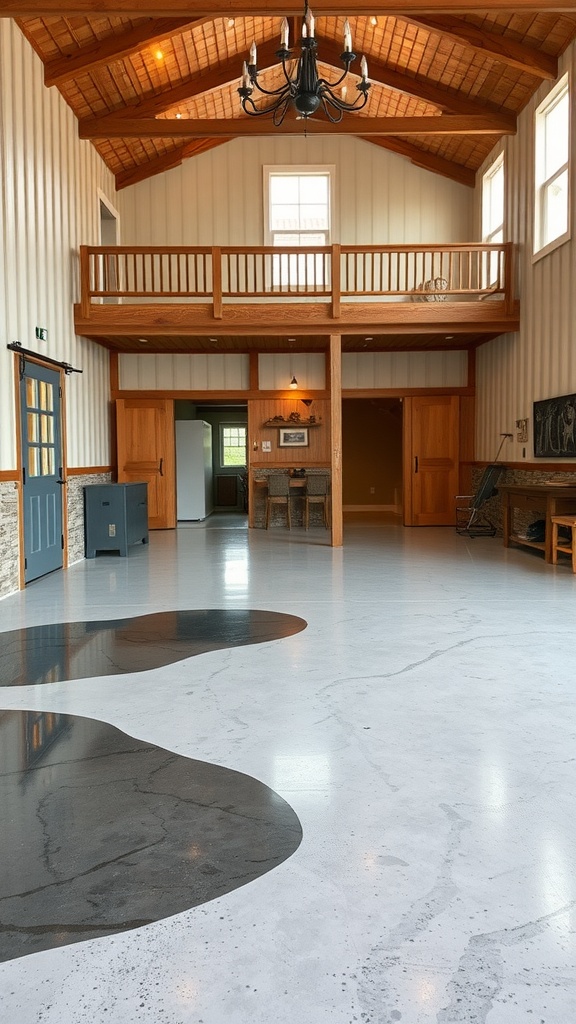Interior view of a modern space featuring organic-shaped epoxy floors in gray tones, with a high ceiling and wooden accents.