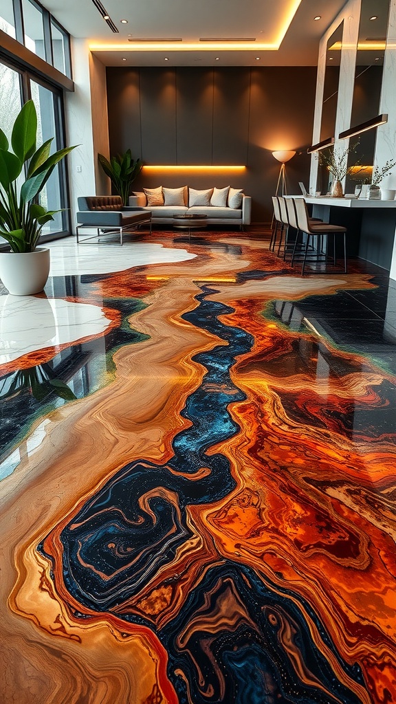 Nature-inspired epoxy floor with earthy tones featuring swirls of brown and blue.