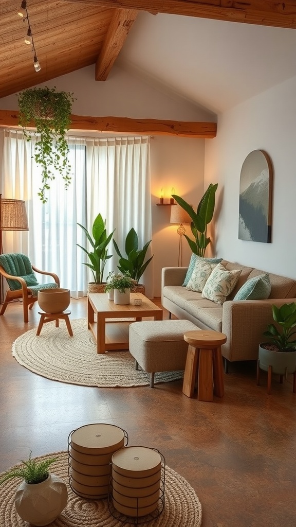 A modern living area featuring earthy-toned epoxy floors with rich browns and whites, complemented by greenery.