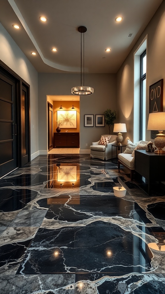 Luxurious black marble epoxy floor in a modern living space