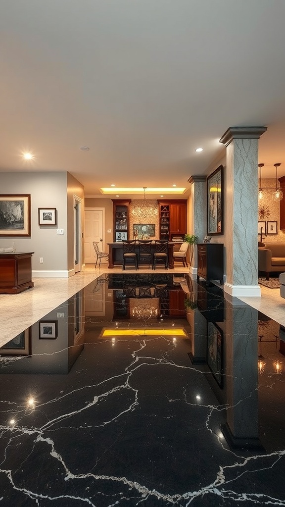 A luxurious home interior featuring a polished resin floor that resembles marble, showcasing earthy tones and elegant design.