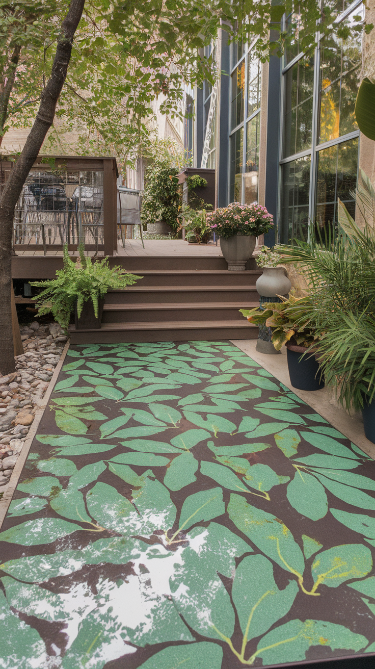 Patio with a leaf-patterned epoxy floor surrounded by plants.