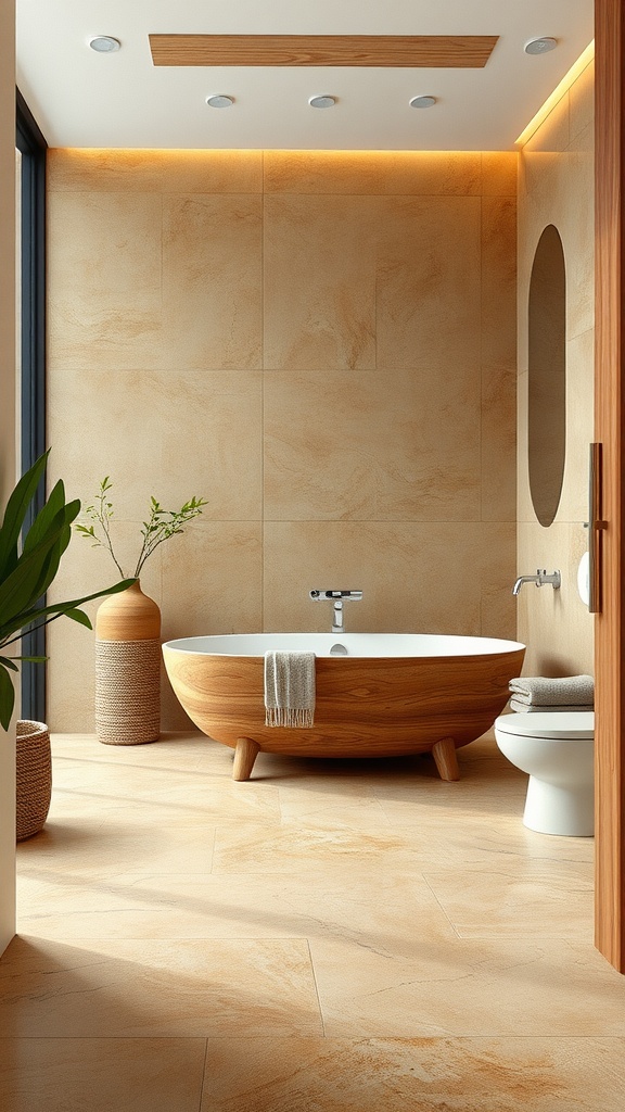 A modern bathroom featuring earth-toned epoxy flooring, a wooden bathtub, and subtle greenery.