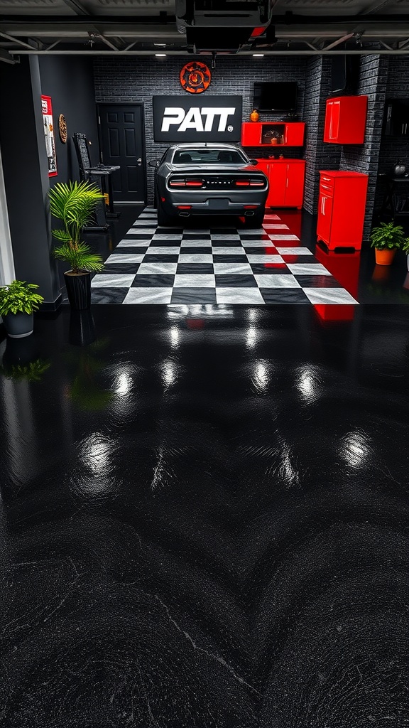 A stylish garage displaying a black epoxy floor with red cabinets and a car, showcasing modern design