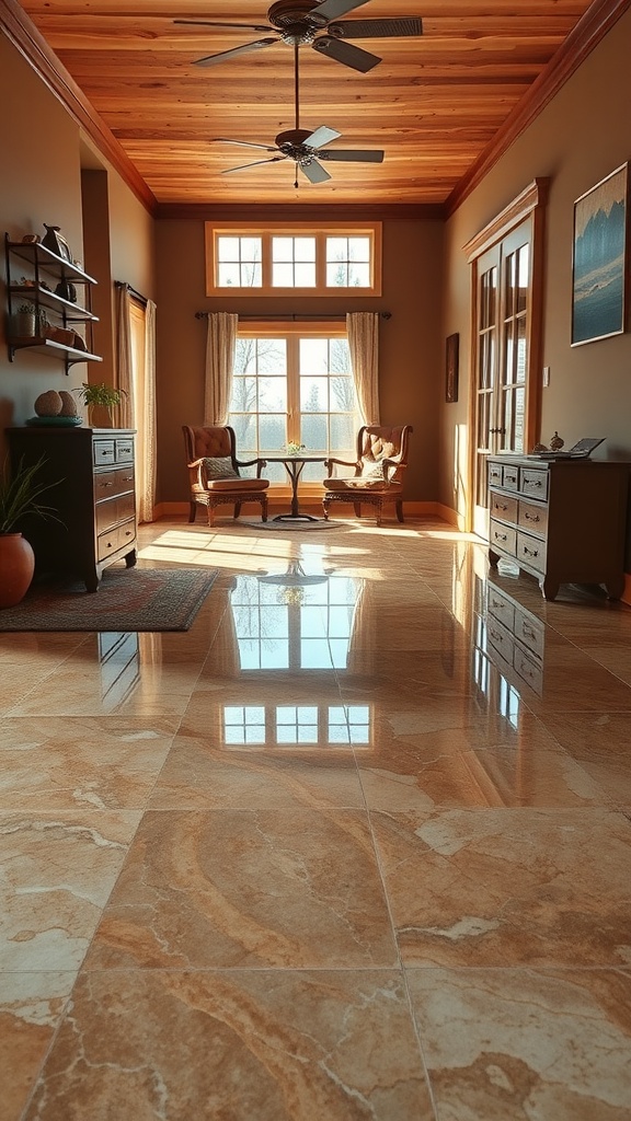 A living room with warm, nature-inspired earth tone epoxy flooring resembling marble.