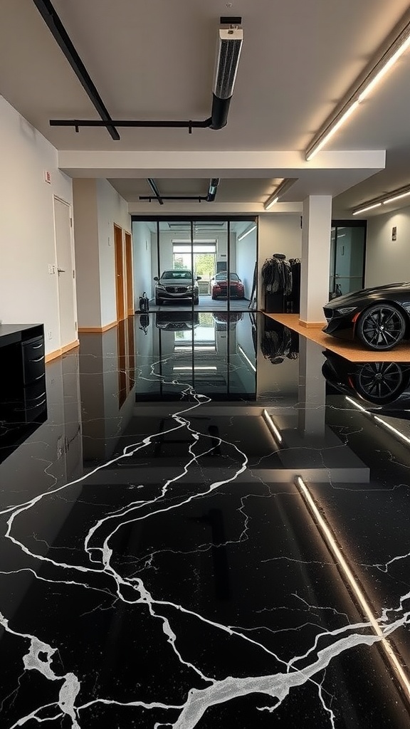 A sleek black marble epoxy floor in a modern garage.