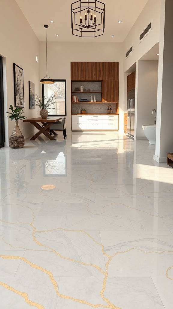 A modern interior with nature-inspired earth tone epoxy flooring, featuring a glossy finish and warm colors.