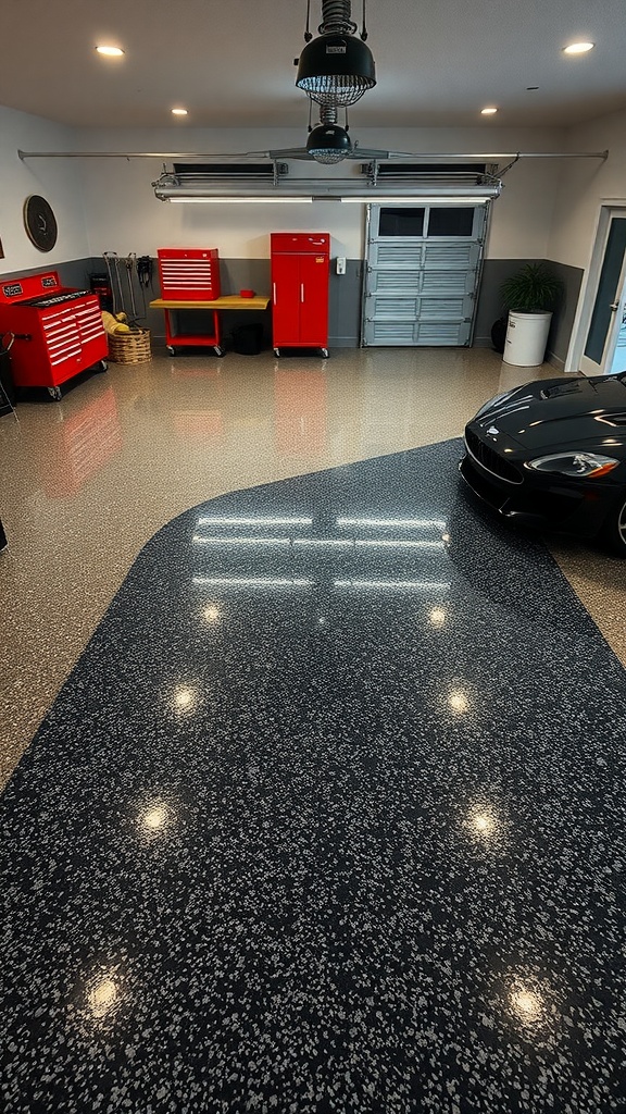 A modern garage with a shiny epoxy floor in earthy tones featuring deep hues and subtle flakes, showcasing a sleek black car.