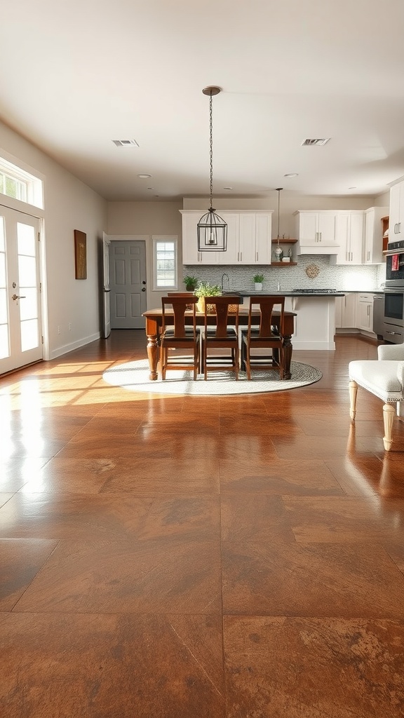 A modern kitchen and dining area featuring a brown epoxy floor, light walls, and stylish furniture.