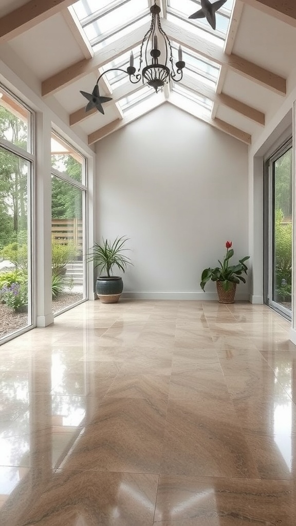 A nature-inspired epoxy concrete floor with metallic hues and patterns resembling natural stone.