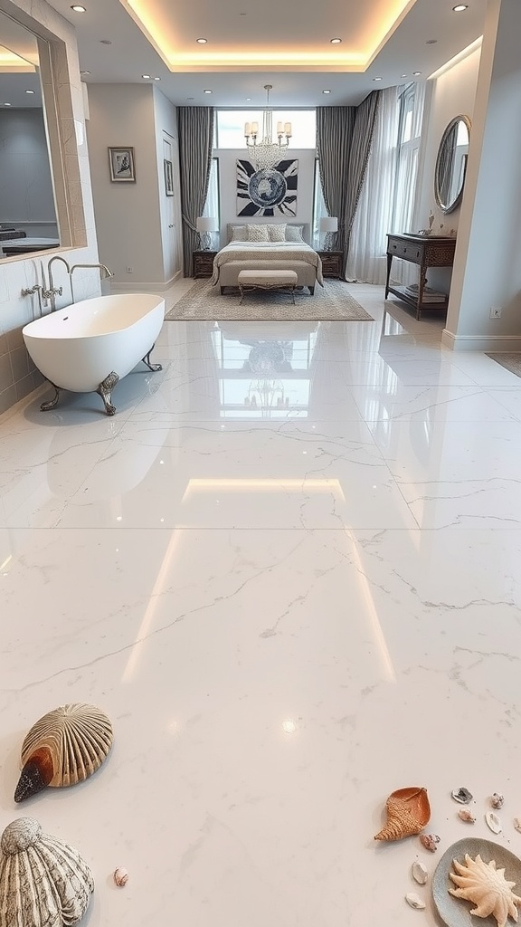 A luxurious bedroom with marble epoxy flooring, featuring decorative shells scattered on the floor.