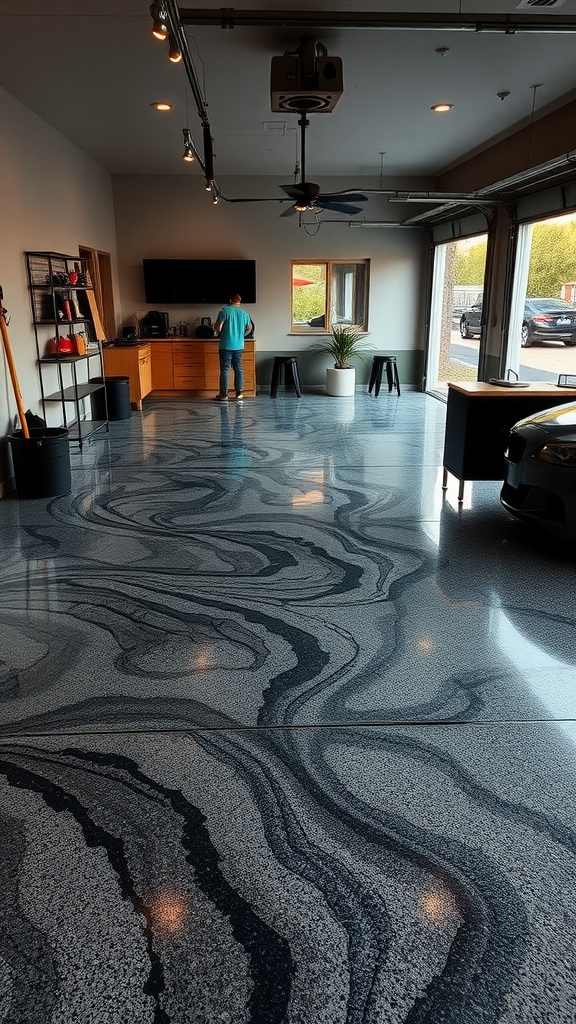 A sleek garage with a nature-inspired epoxy floor featuring swirling black and gray patterns.