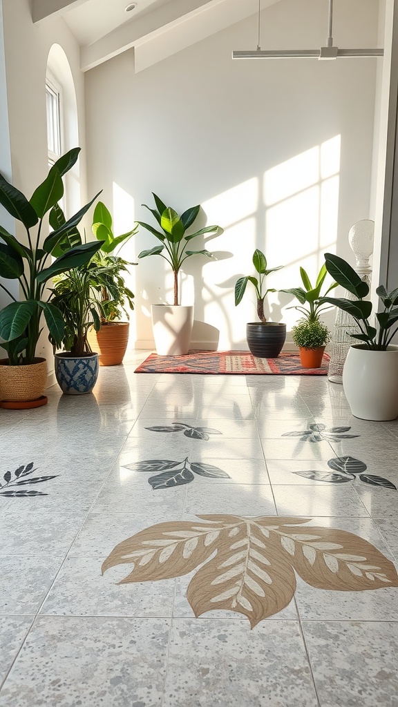 A bright interior space featuring nature-inspired epoxy flooring with leaf designs and various plants.