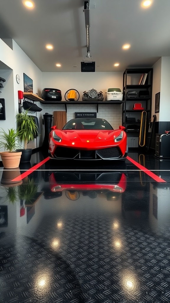 A modern garage with a black epoxy floor and a red sports car, showcasing a stylish and clean interior design.