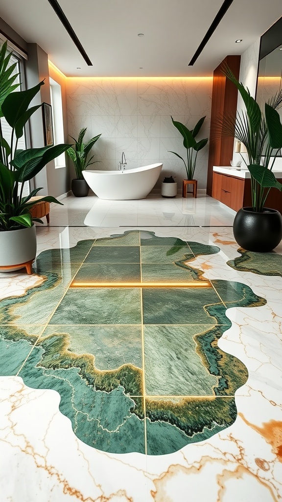 A luxurious bathroom featuring a nature-inspired epoxy floor design with greens and blues, surrounded by plants and modern fixtures.