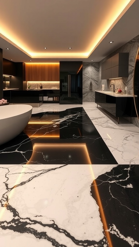 A modern kitchen featuring black and white marble epoxy flooring with warm lighting.