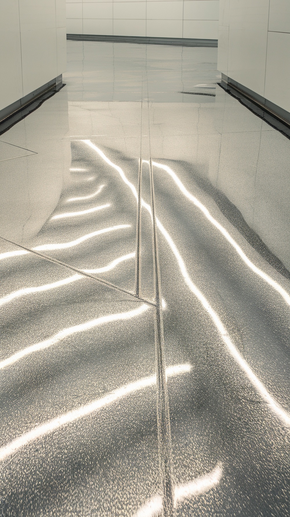 Nature-inspired epoxy floor design with flowing patterns and a glossy finish