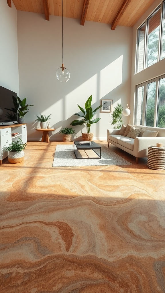 A living room with a nature-inspired epoxy floor featuring leaf designs in earthy tones.