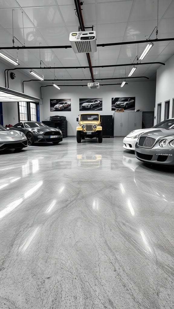 A modern luxury garage showcasing a metallic epoxy floor, highlighted by several high-end cars.