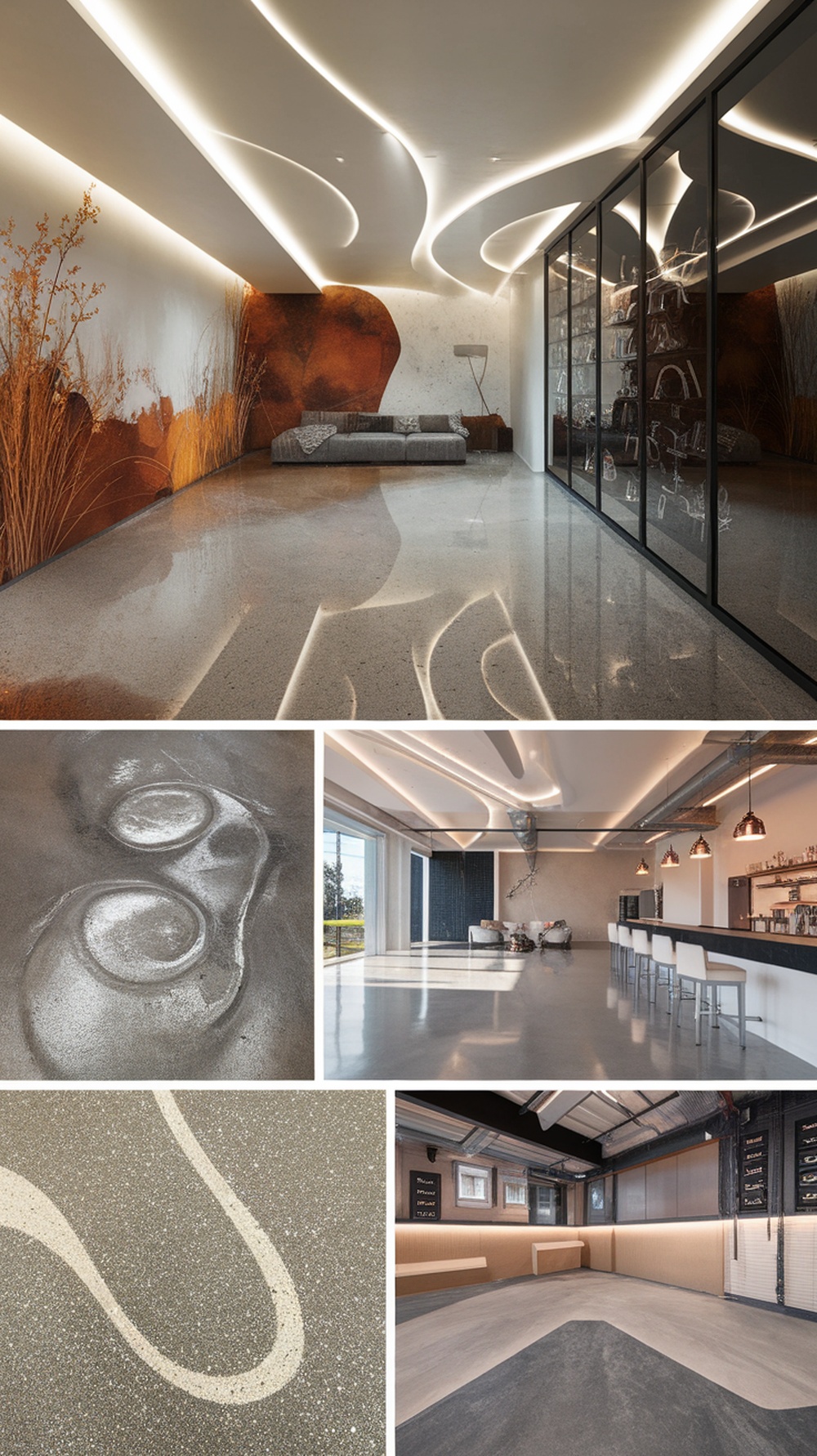 A collage of nature-inspired epoxy floors showcasing earthy tones and modern designs.