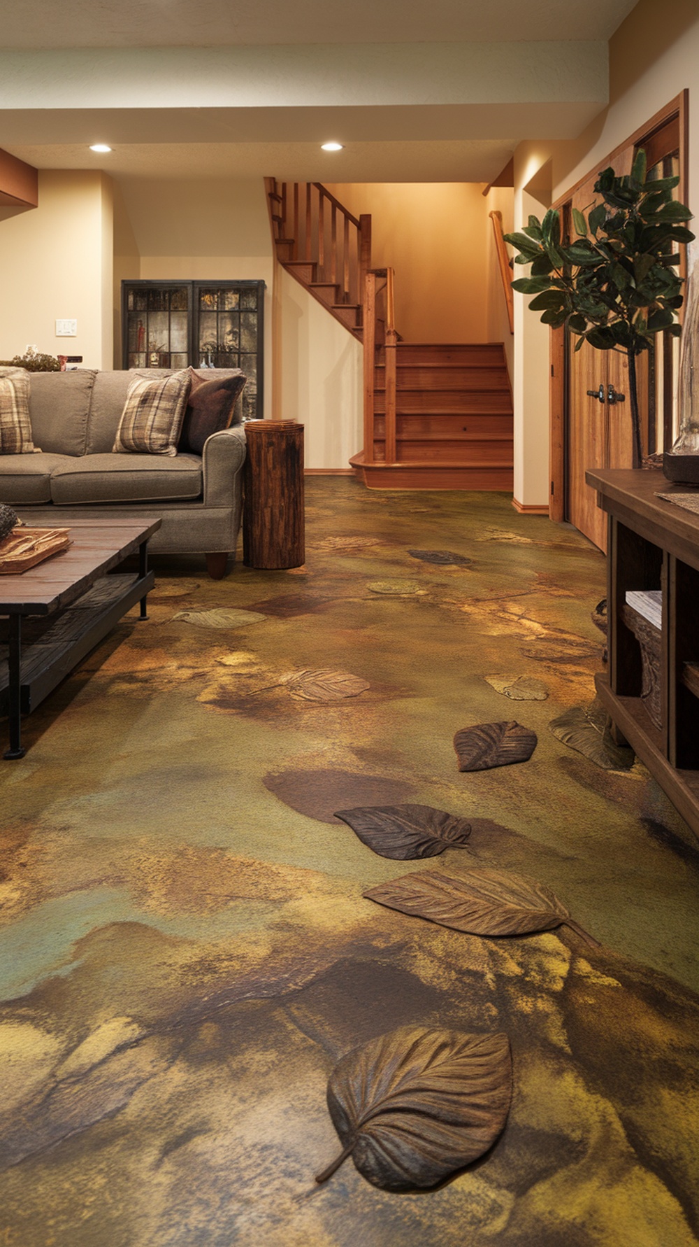 A cozy basement living room with a nature-inspired epoxy floor featuring leaf imprints.