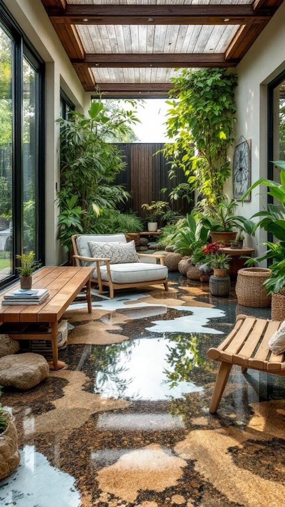 A glossy epoxy floor with scattered autumn leaves, creating a nature-inspired indoor space.