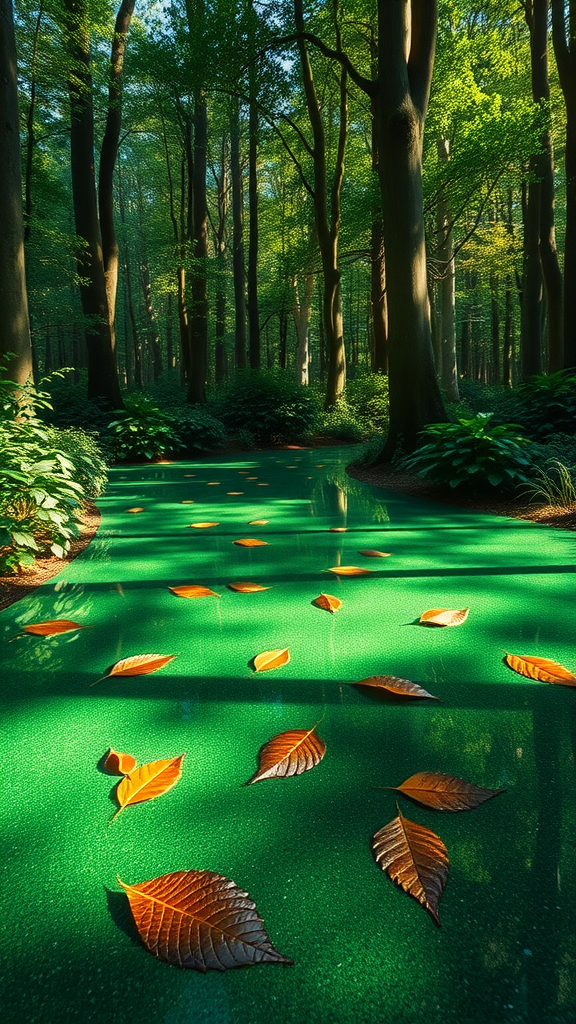 A vibrant forest scene with green epoxy flooring and scattered leaves.