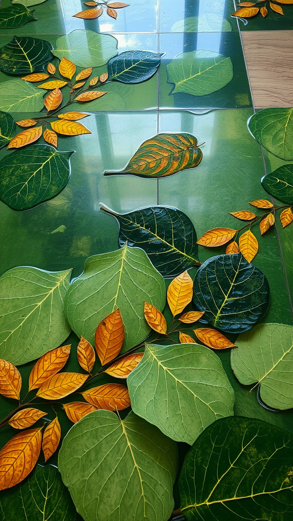 A floor design featuring green and orange leaves arranged on epoxy.