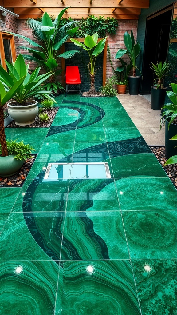 Polished resin floor with nature-inspired green hues, surrounded by plants