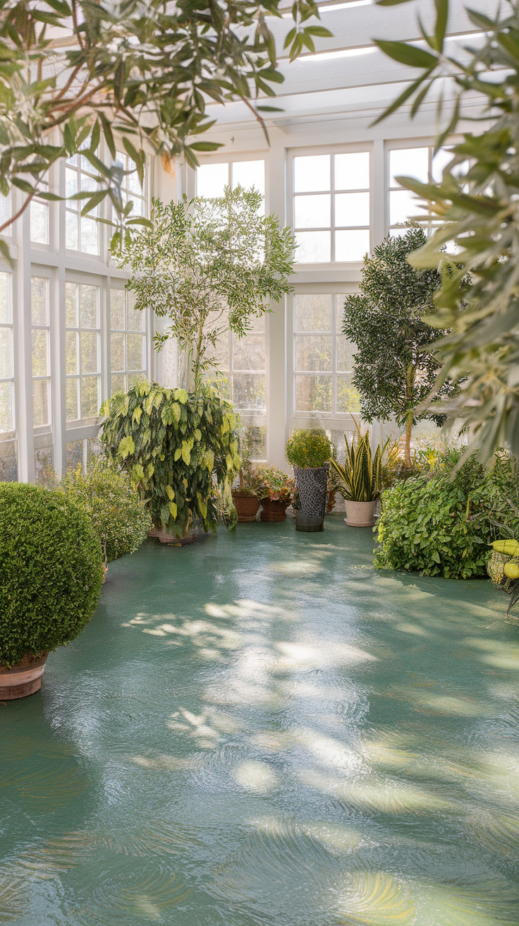 Epoxy floor with a nature-inspired green leaf design in a sunlit room full of plants.