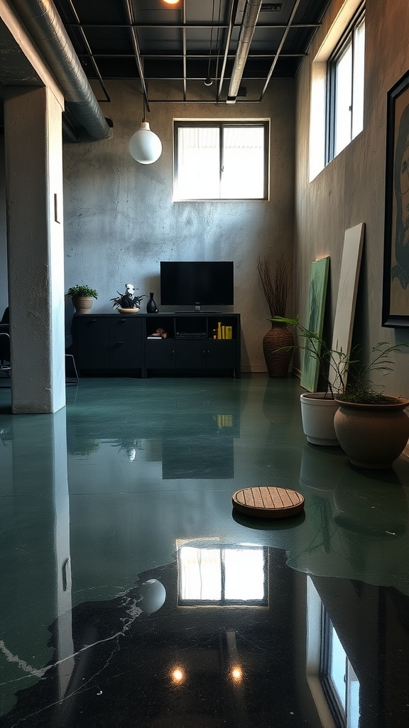 A modern basement with nature-inspired green epoxy flooring, featuring a black ceiling, large windows, and minimalistic decor.
