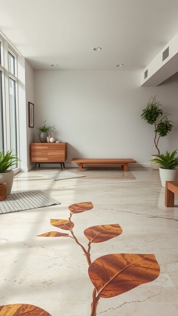 Epoxy floor with a nature-inspired leaf motif in warm colors.