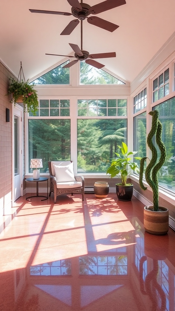 A modern living room with an epoxy floor featuring golden leaf motifs.