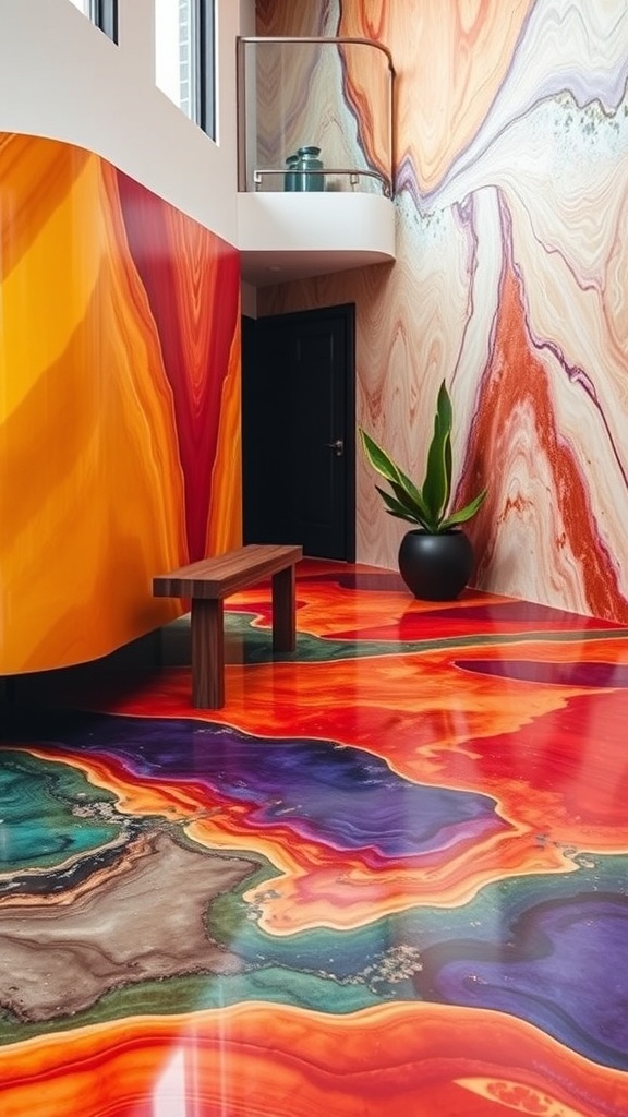 Colorful epoxy floor with leaf patterns in a modern kitchen