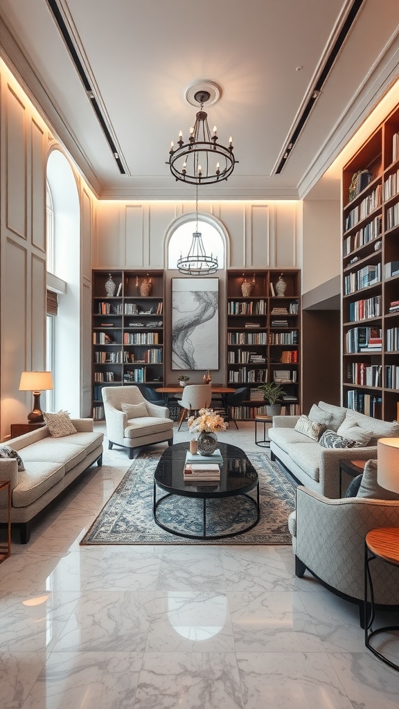 A cozy room with an epoxy floor design featuring colorful leaves, surrounded by plants and bookshelves.