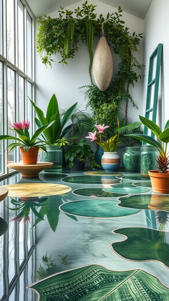 A sunlit room with a floor decorated with colorful leaf patterns and surrounded by plants.