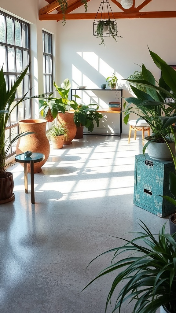 An elegant garage space with epoxy flooring featuring nature-inspired leaf patterns, showcasing a modern aesthetic.