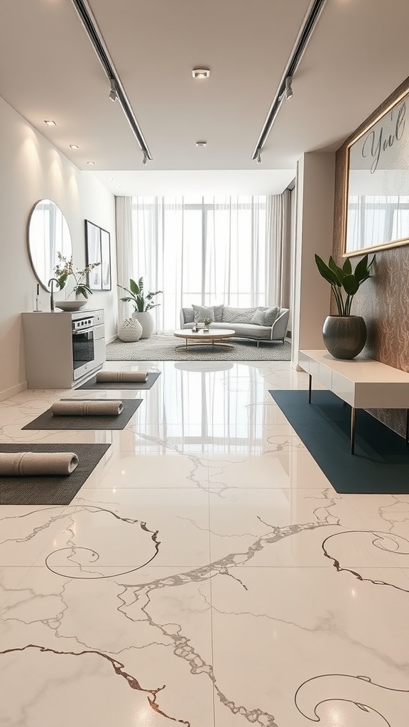 Elegant marble epoxy floor with nature-inspired leaf patterns in a modern living space
