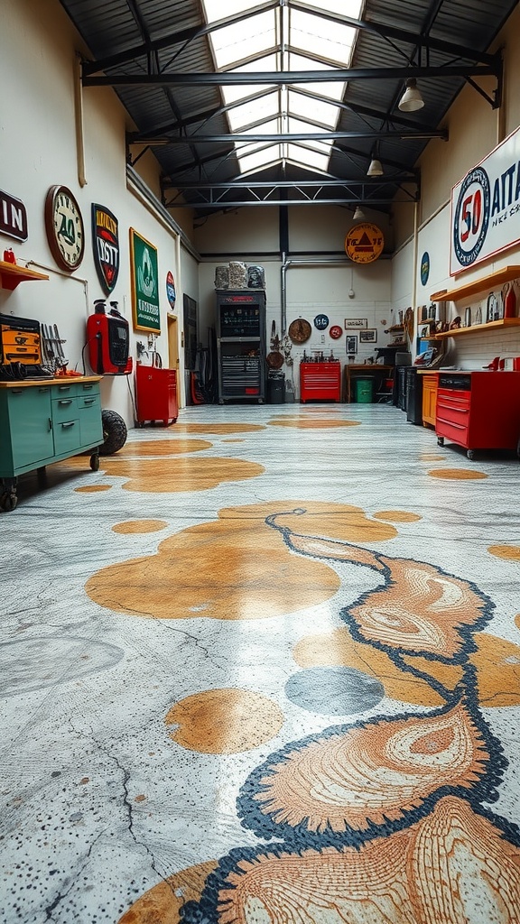 A workshop interior featuring a creative epoxy floor with nature-inspired patterns.