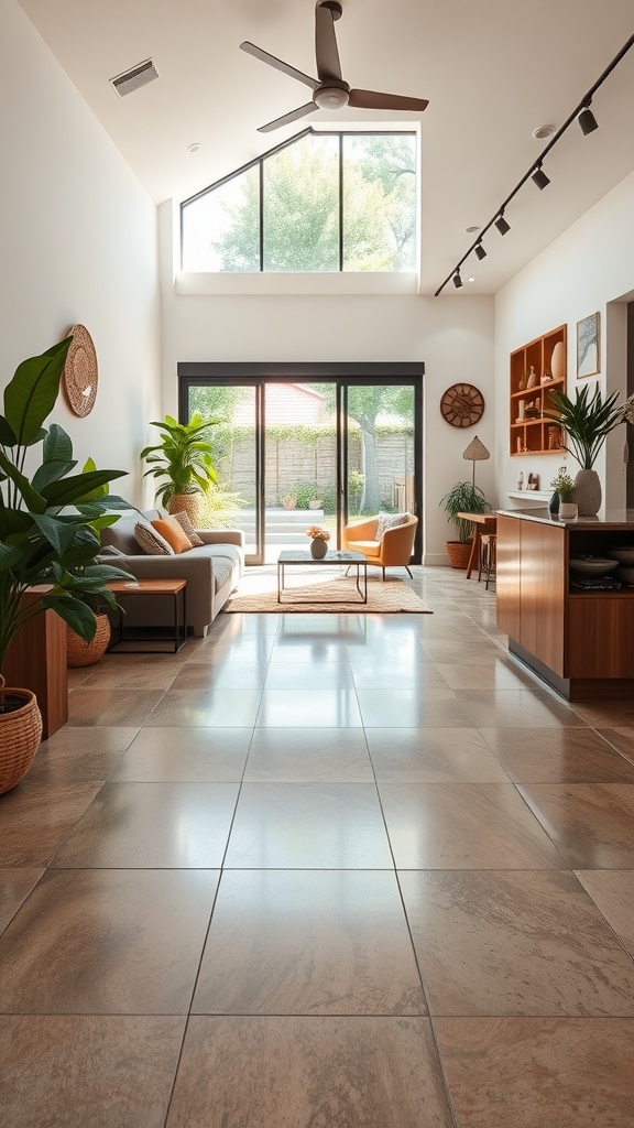 A modern living space featuring polished stained concrete flooring with natural light.