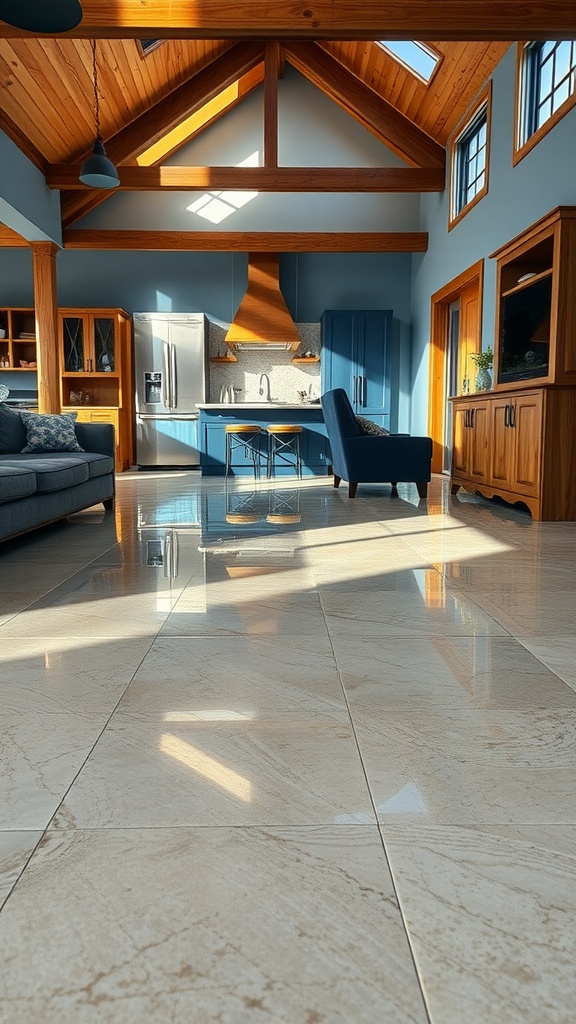 A spacious living area with natural stone-inspired epoxy flooring, blue kitchen cabinets, and wooden beams.