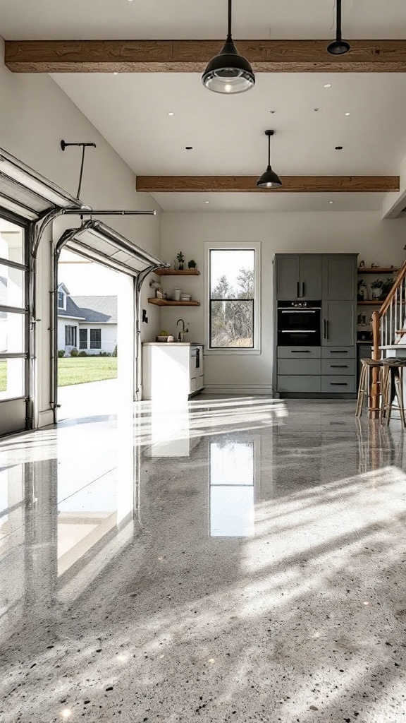 A bright and inviting garage with nature-inspired stone epoxy flooring, showcasing a modern farmhouse interior.