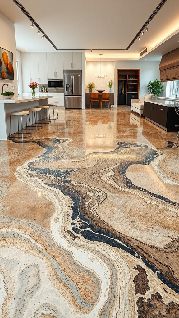 A spacious modern kitchen featuring nature-inspired stone finish epoxy flooring with swirls of earthy tones.