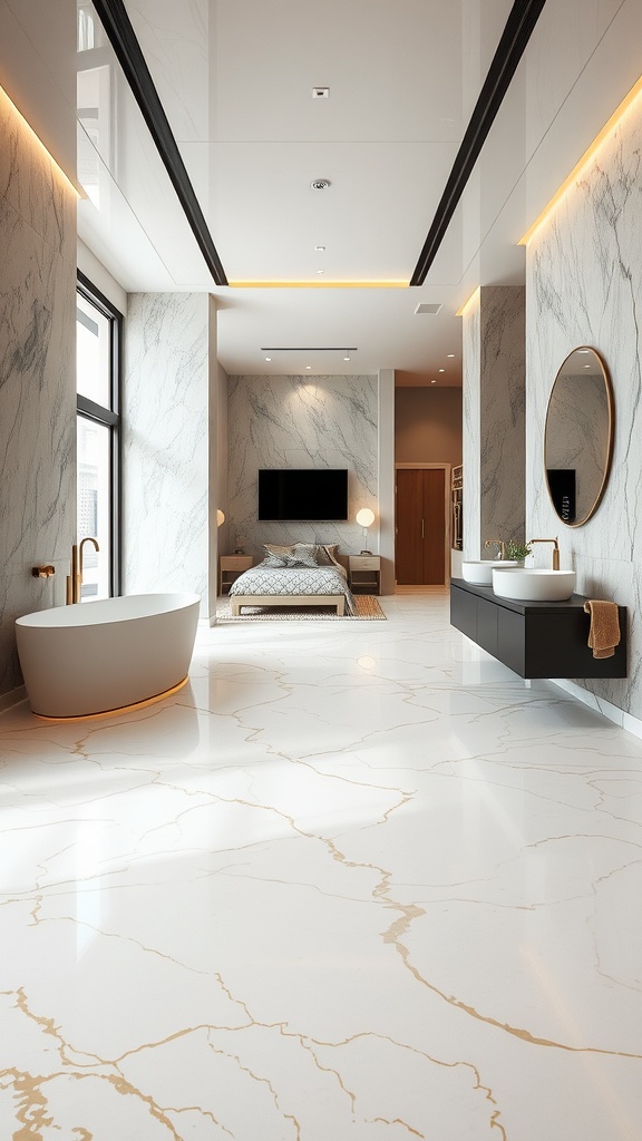 A modern bathroom featuring a luxurious marble epoxy floor with elegant white and gold patterns, complemented by sleek fixtures and a serene atmosphere.